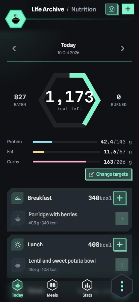The Nutrition screen: calories left, macros and today’s meals